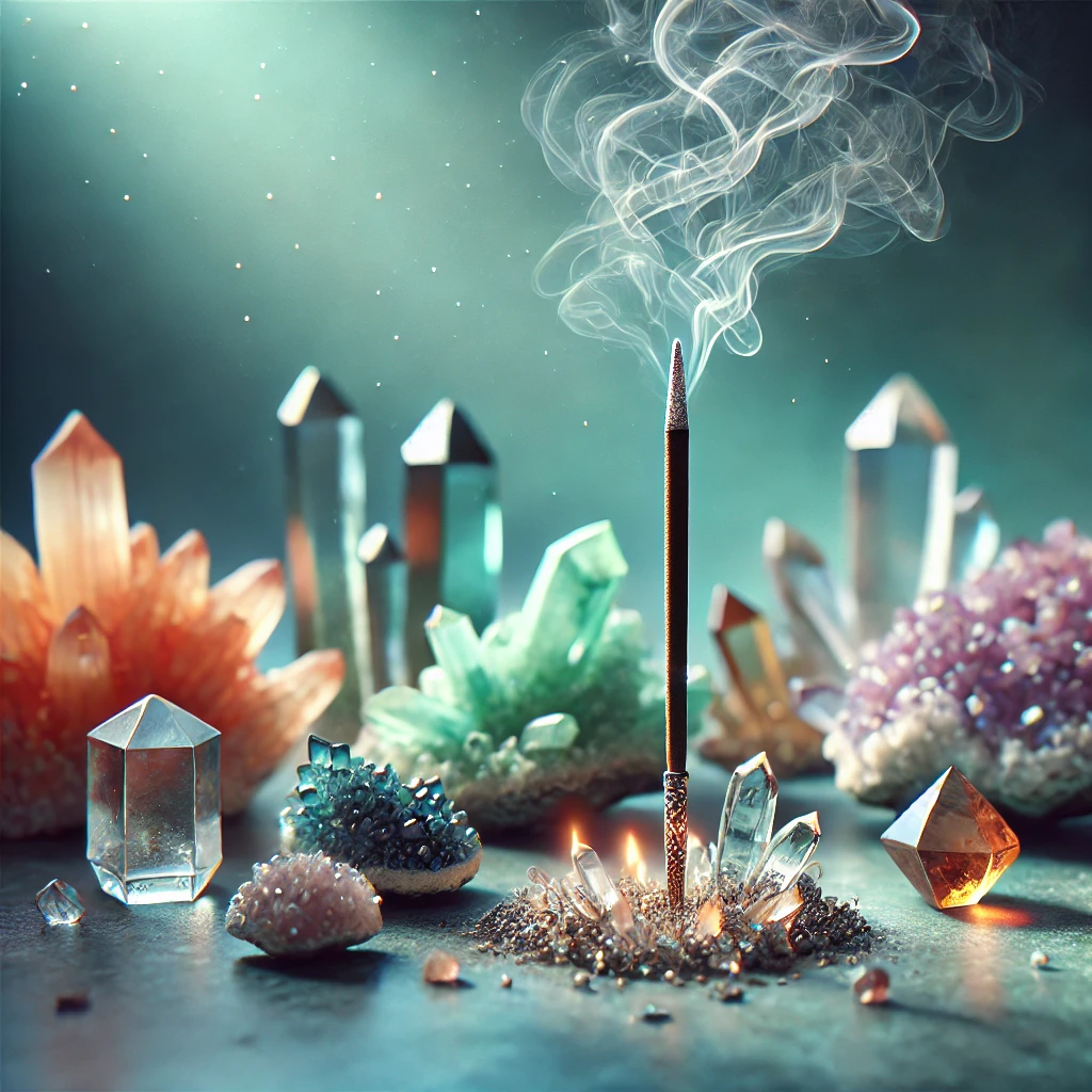 DALL·E 2024-11-04 14.36.21 - Photorealistic image of a burning incense stick with visible smoke, surrounded by 3-4 types of beautiful crystals and minerals in different colors and